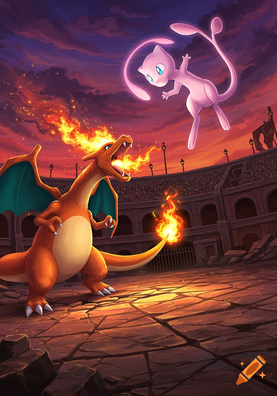 Charizard breathes fire at Mew in a battle arena under a dramatic sunset sky.