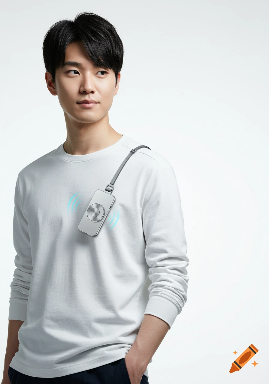 Young Asian man in white shirt with a silver magnetic tech gadget on his shoulder, looking right, against a bright minimalist background.