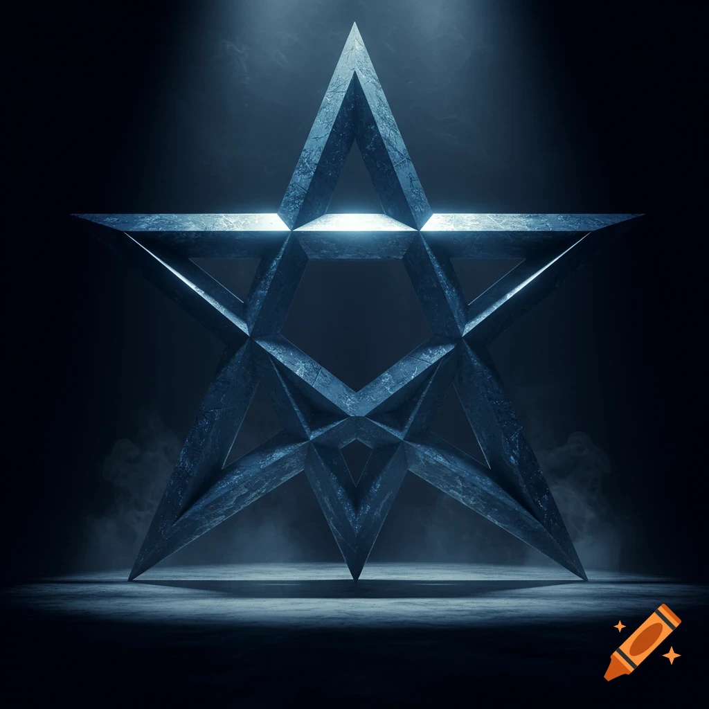A dark, metallic, 3D inverted pentagram with glowing light on a smoky surface.
