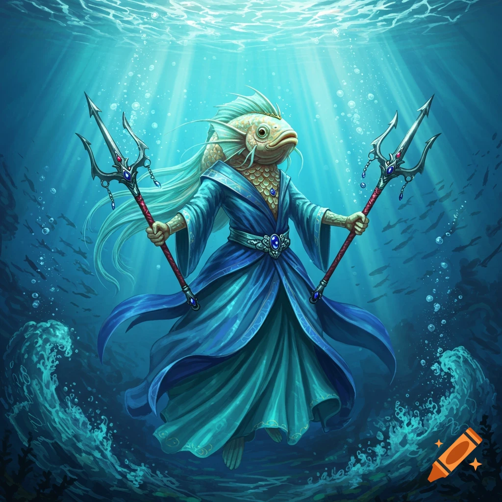 A fish-headed creature in flowing blue robes holds two ornate tridents while floating in clear blue underwater light.