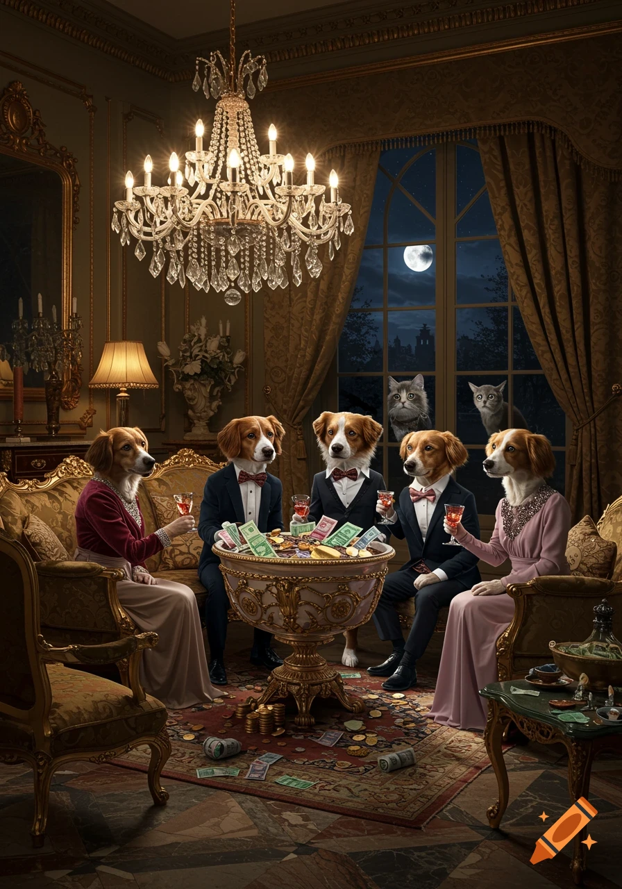 Photorealistic image of five anthropomorphic dogs in formal wear playing poker with piles of money in a luxurious room, while two cats look in through a large window at night.