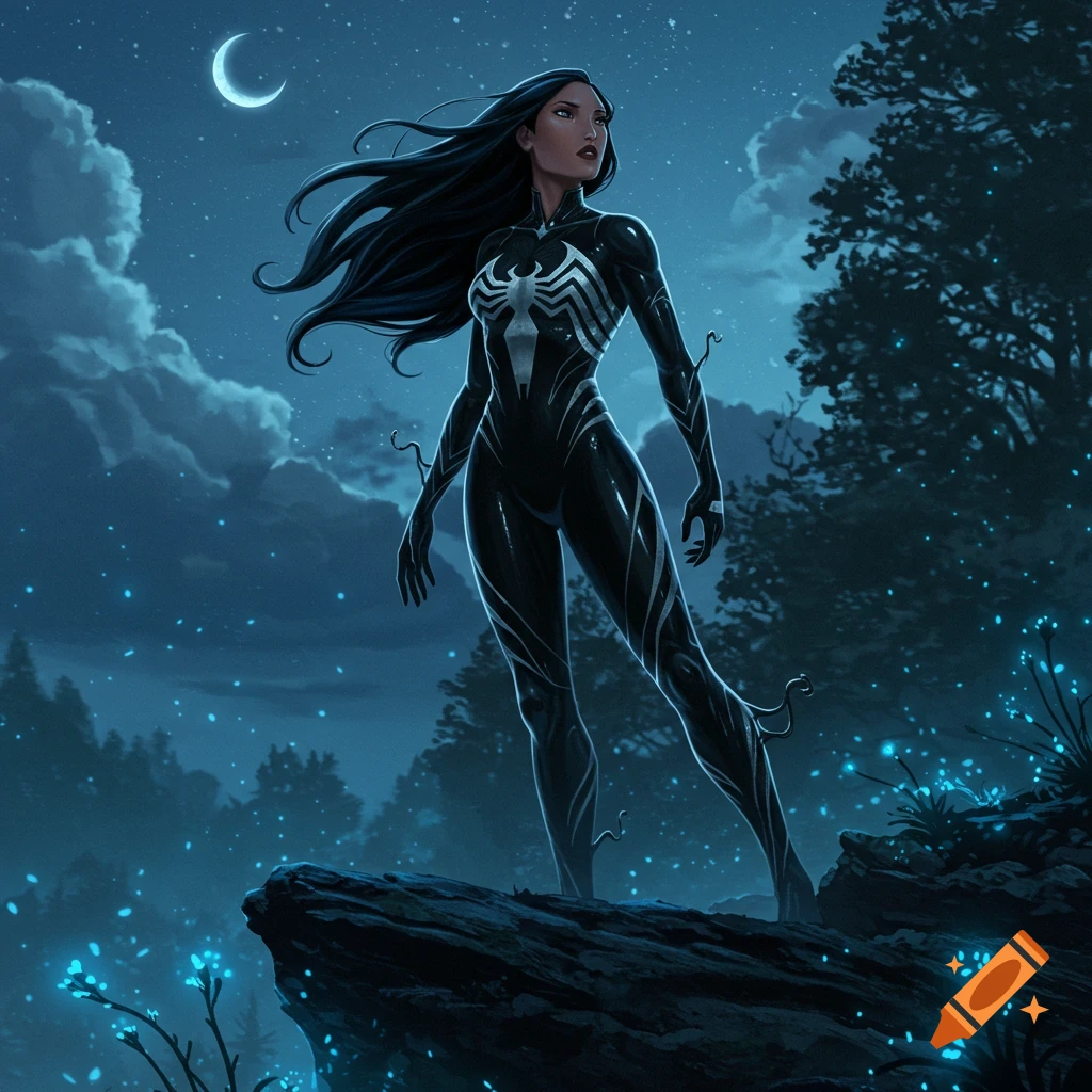Pocahontas, wearing a black Venom suit with a white spider symbol, stands on a rock under a crescent moon in a glowing, dark forest.