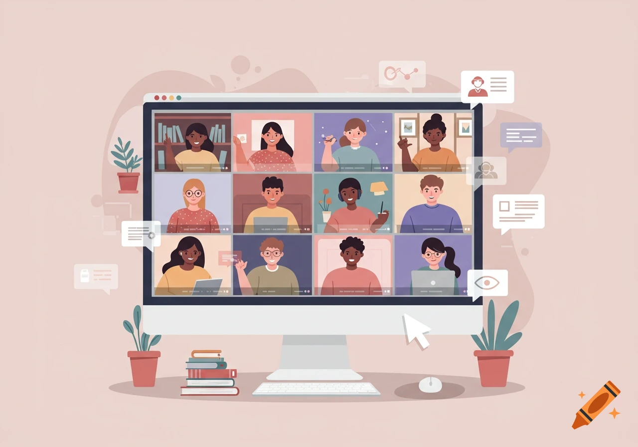 Illustration of a diverse group of people participating in an online video call meeting on a desktop computer. The screen shows a 3x3 grid of video feeds.