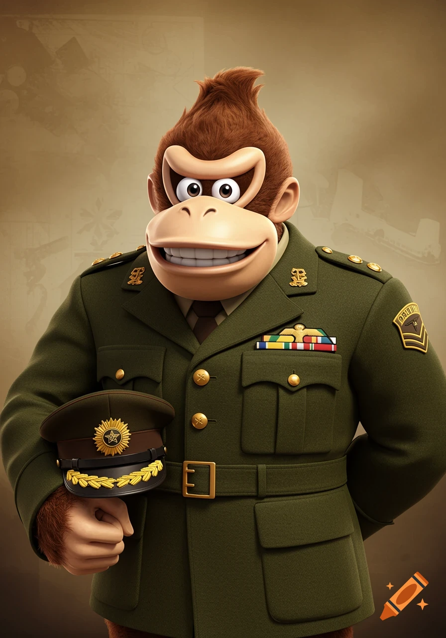 A detailed portrait of Donkey Kong in a green 1940s British military uniform, holding a matching officer's cap.