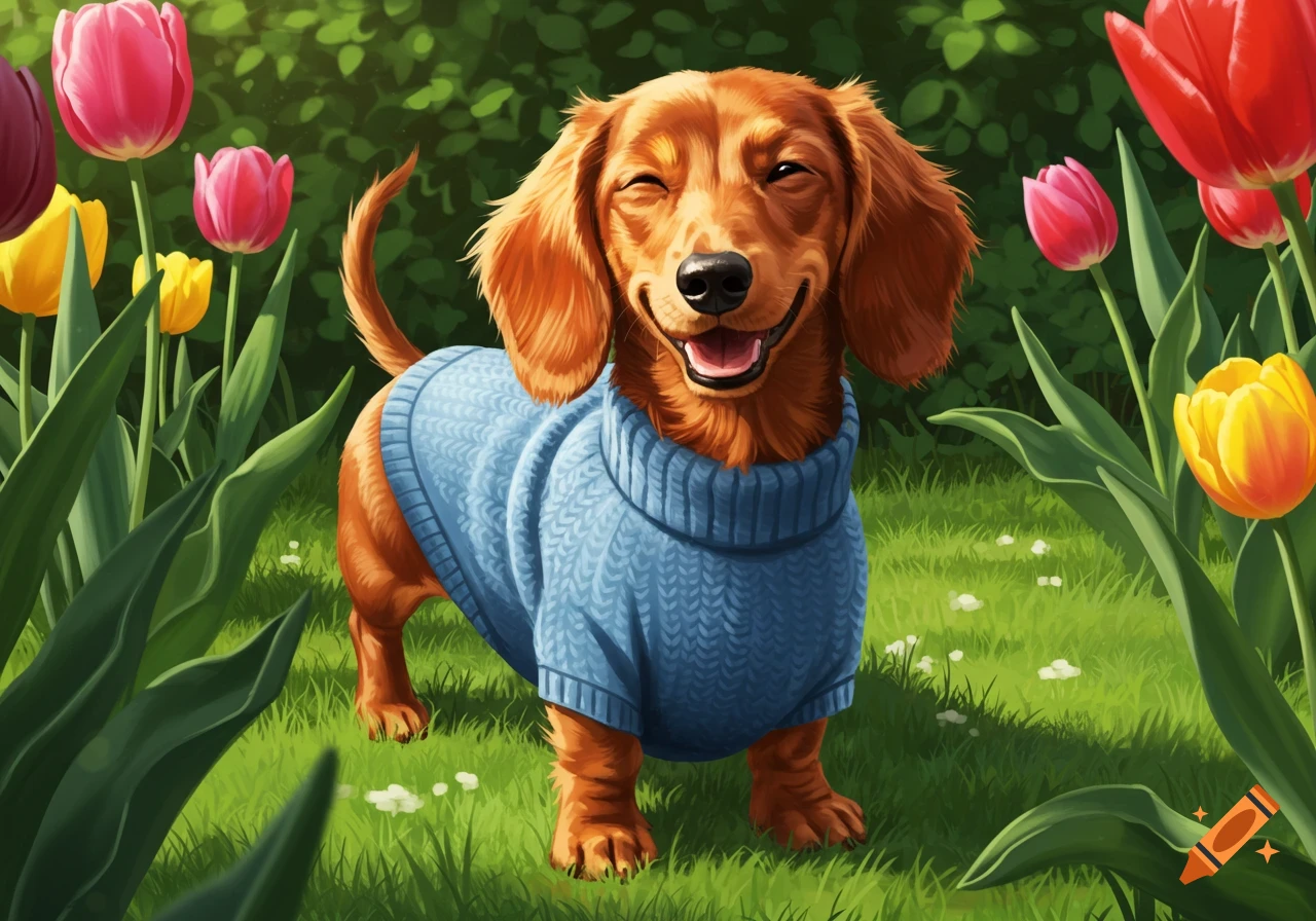 A happy red-haired dachshund in a blue sweater stands in green grass surrounded by colorful tulips.