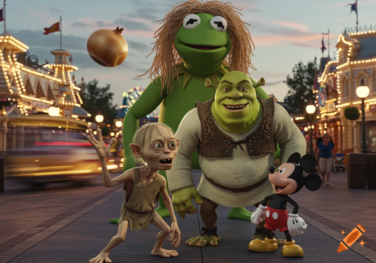 Gollum, Shrek, and Mickey Mouse pose in a theme park as a giant Kermit with spaghetti hair stands behind them and an onion floats in the sky.