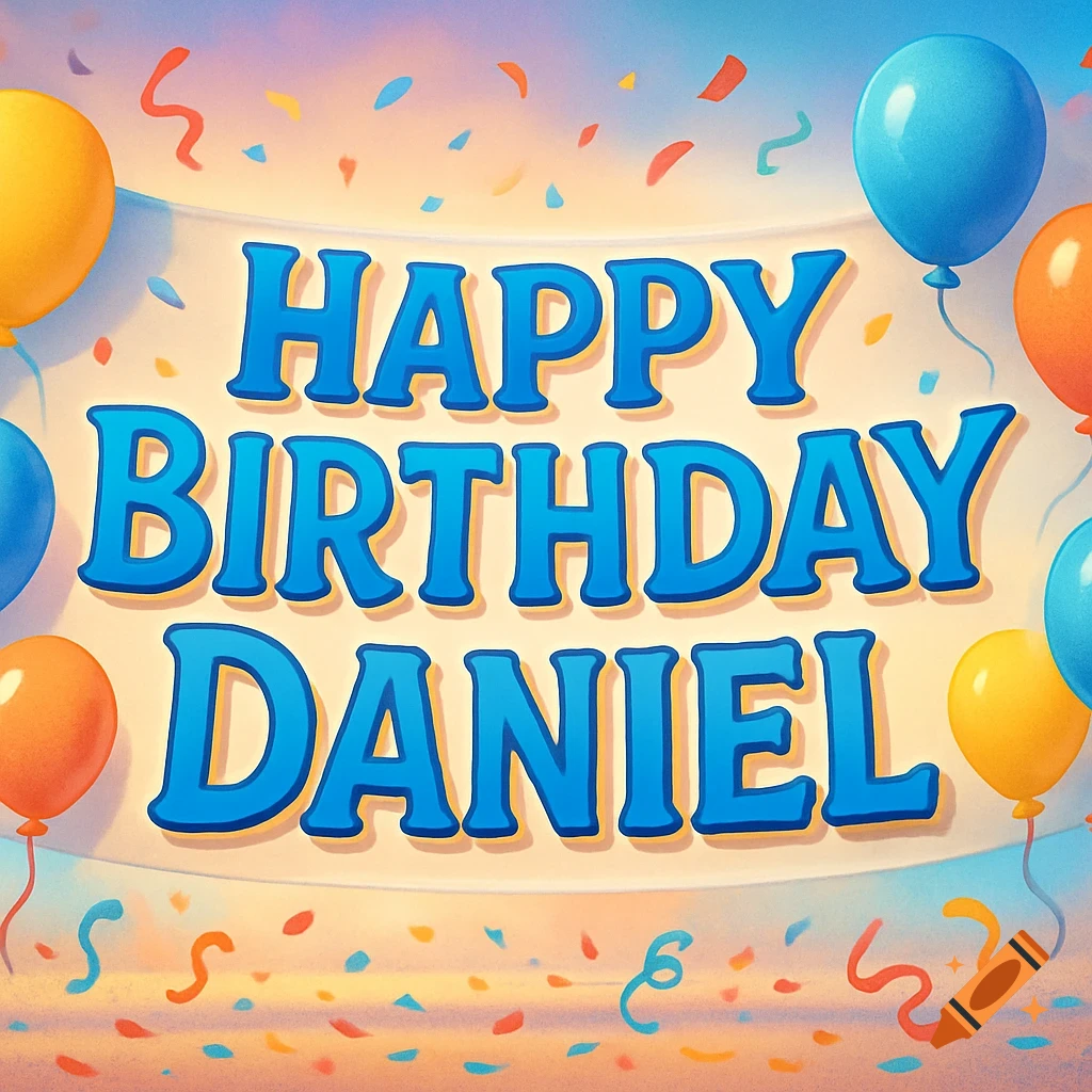 A colorful banner wishing "Happy Birthday Daniel" with blue letters, surrounded by orange, yellow, and blue balloons and falling confetti.