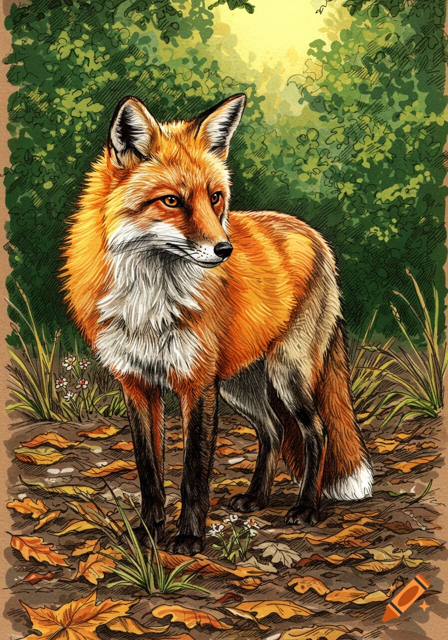 Detailed illustration of a red fox standing among fallen autumn leaves in a green forest.