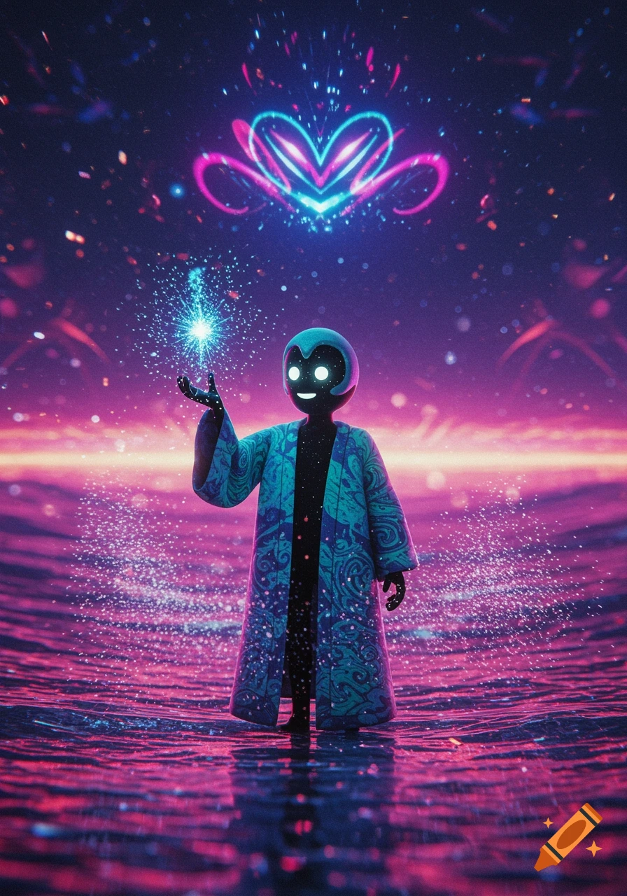 A stylized figure in a blue robe stands in glowing water, holding a light, with a neon heart above in a starry sky.