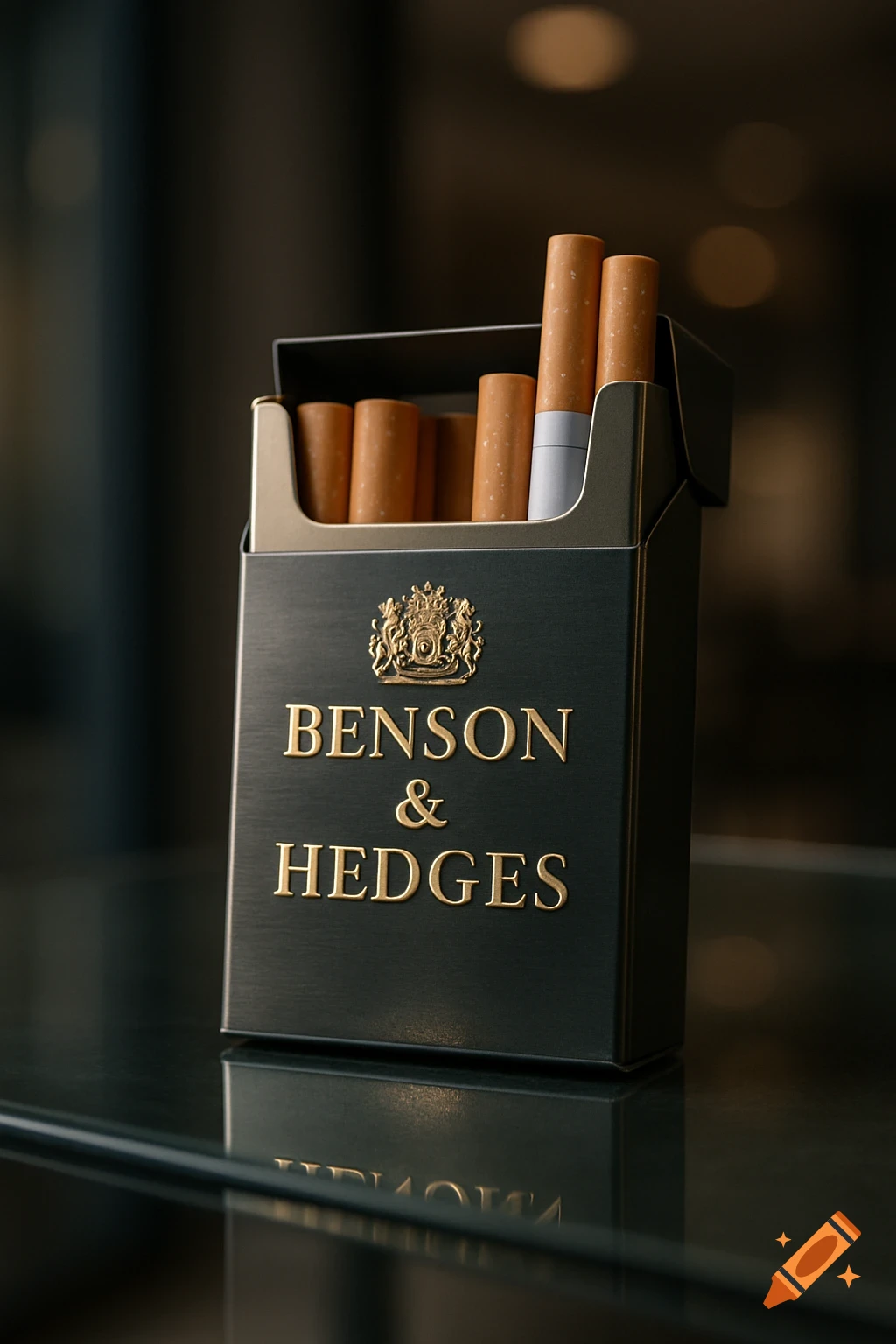 A photorealistic image of an open pack of Benson & Hedges cigarettes, with several cigarettes visible, resting on a reflective surface.