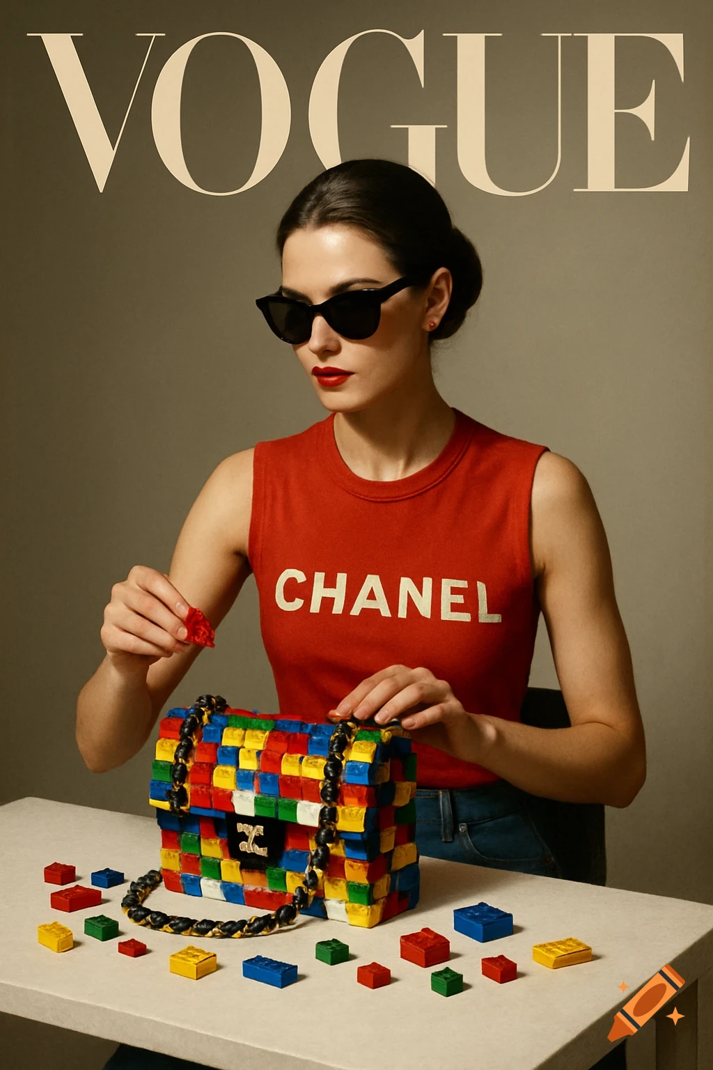 A fashion model wearing a red Chanel top and sunglasses builds a colorful Chanel bag out of LEGO bricks on a white table, under a "VOGUE" masthead.