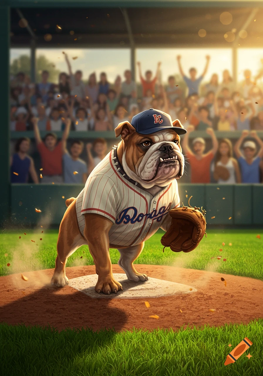 A bulldog wearing a baseball uniform and cap stands on a pitcher's mound, holding a glove, with a blurred crowd in the background.