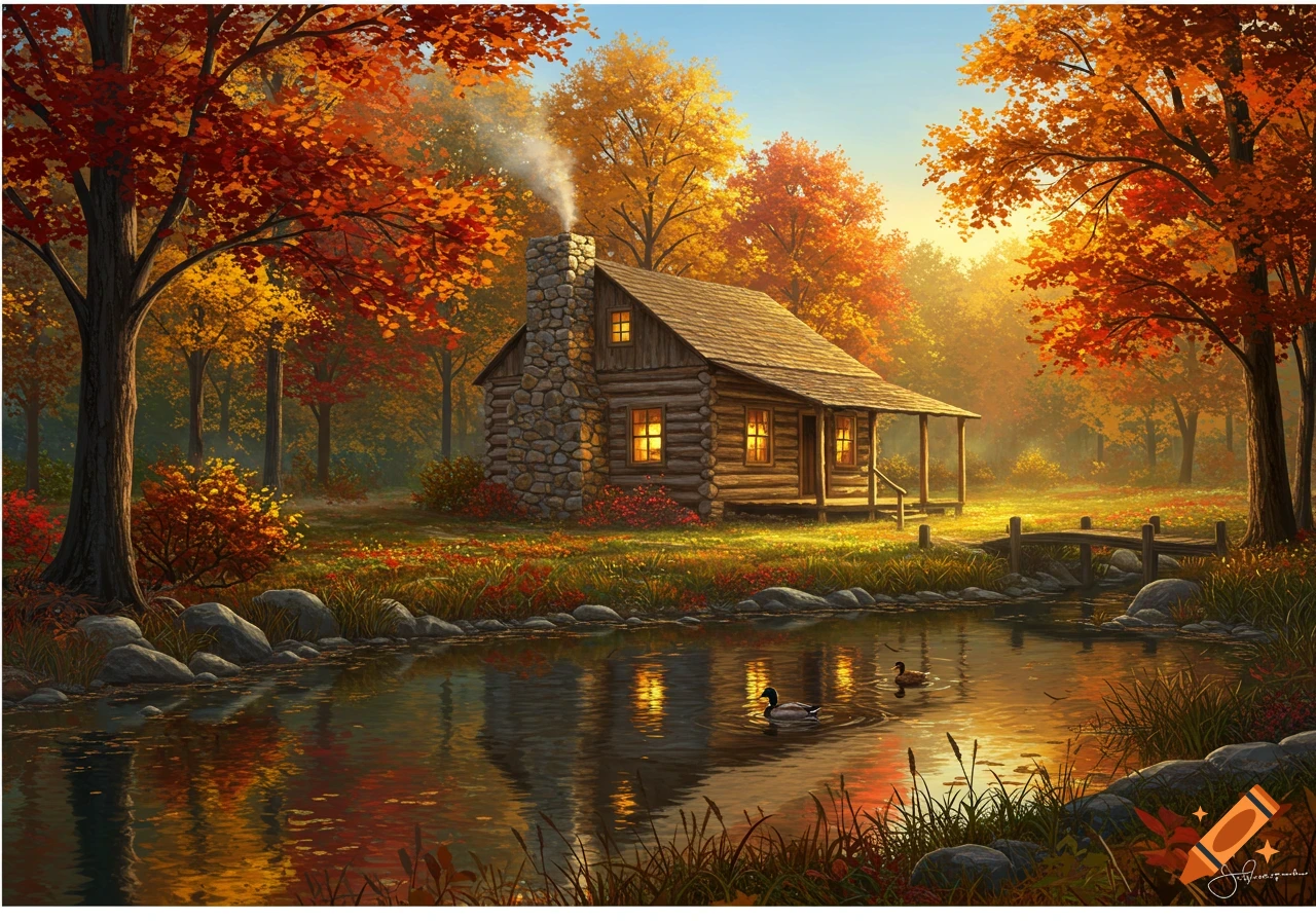 A cozy log cabin with a stone chimney sits by a tranquil pond, surrounded by vibrant red and orange autumn trees. Two ducks swim in the reflective water under a bright sky.