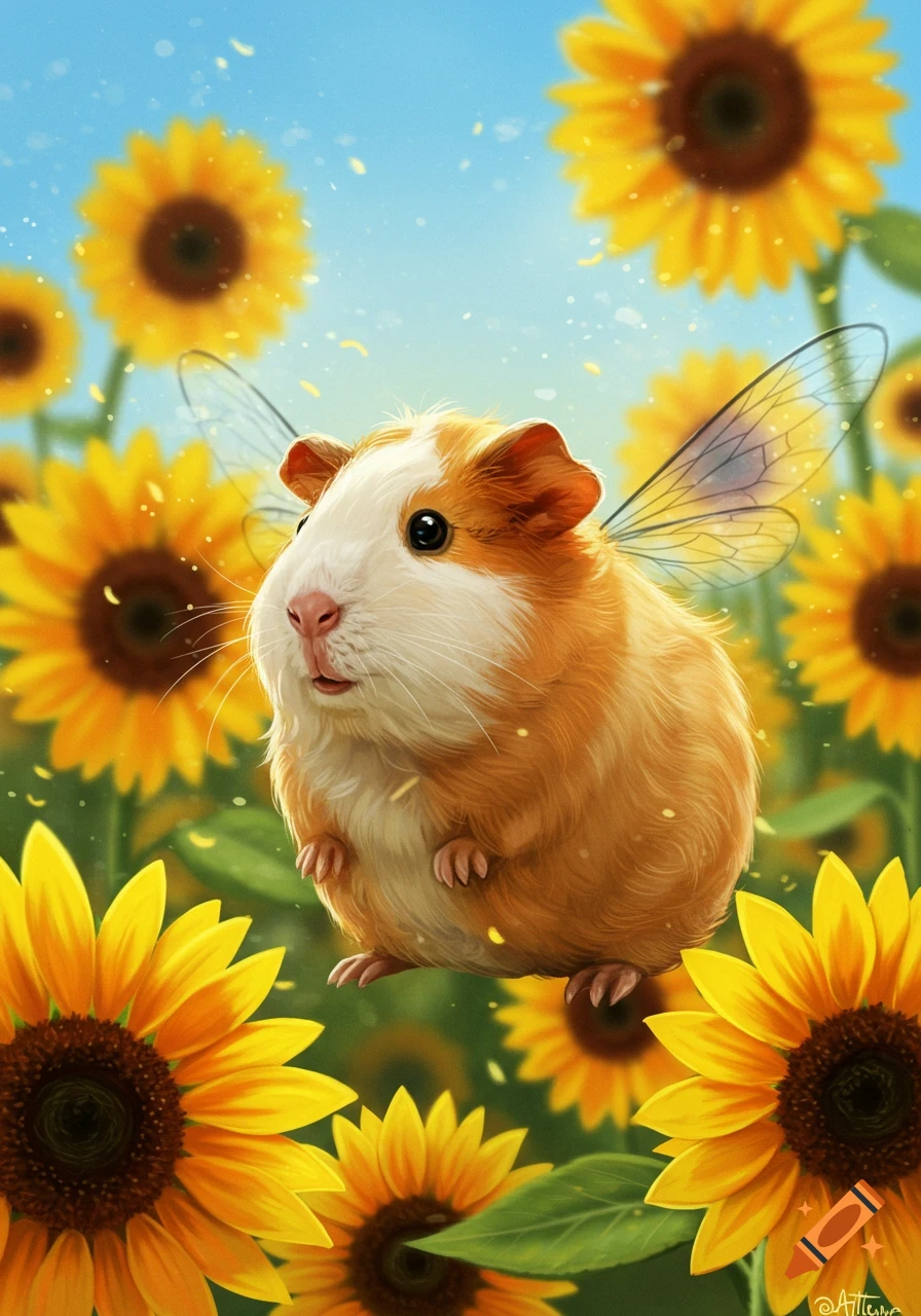 A cute guinea pig with small, translucent wings floats among bright yellow sunflowers under a clear blue sky.