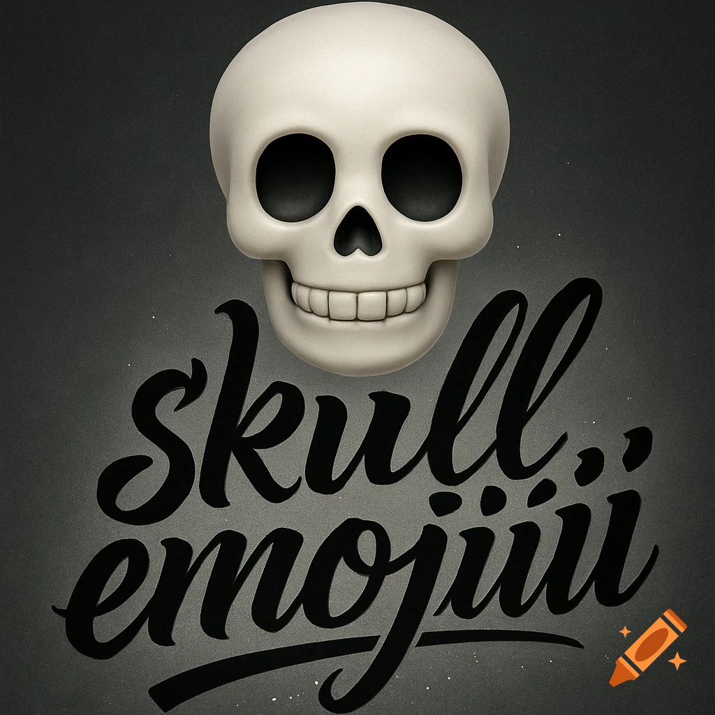 A stylized 3D white skull emoji floats above the black script text 'skull emojiiiii' on a dark gray background.