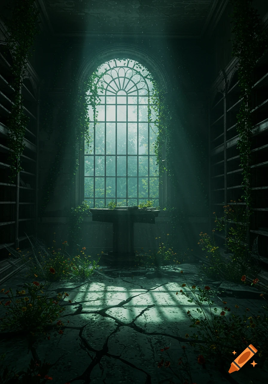 Sunlight streams through a large arched window into an abandoned, overgrown library with cracked floors and vines.