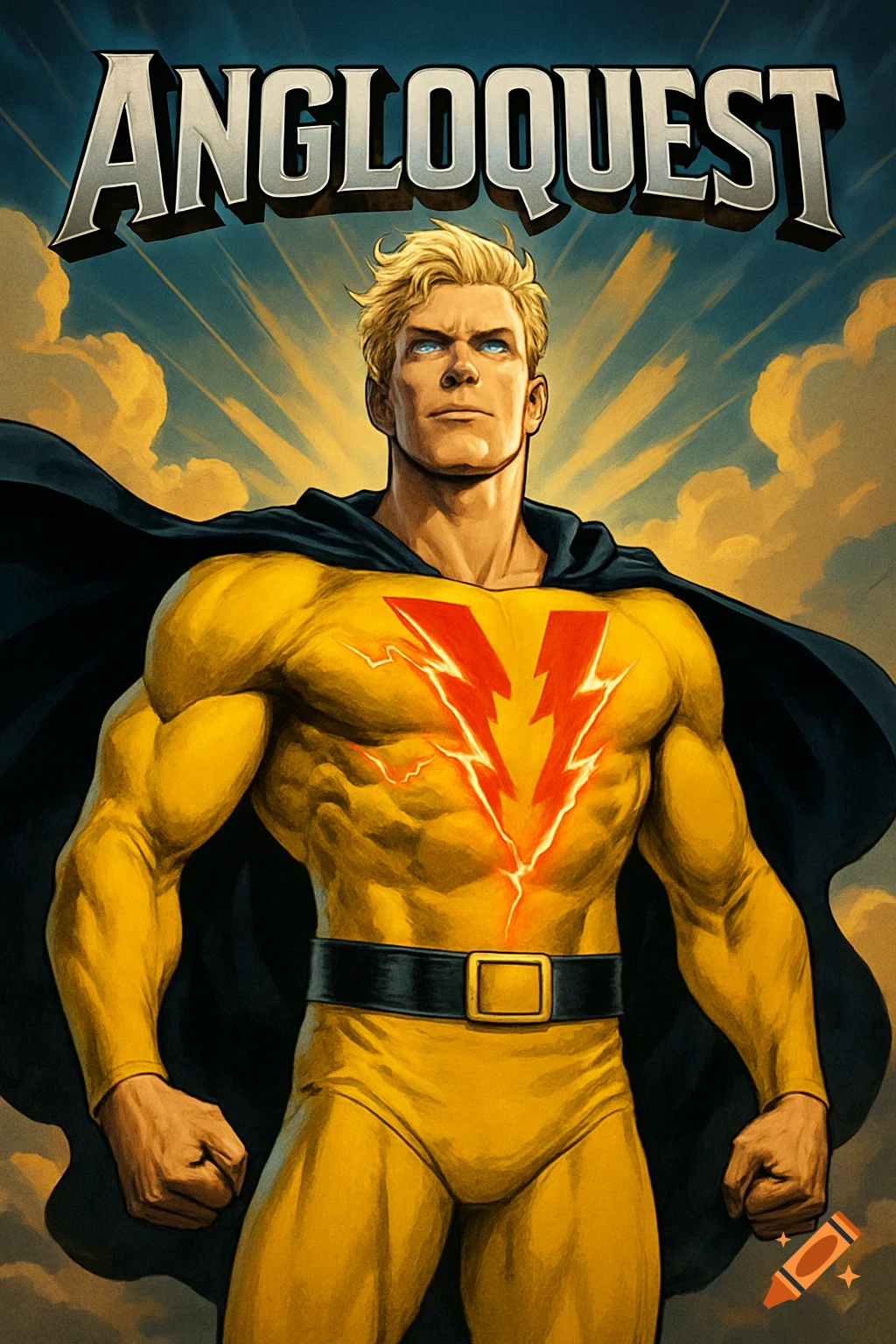 A comic book superhero with blond hair, blue eyes, a yellow suit with red lightning bolts, and a black cape stands against a sky with sun rays and clouds. The title "ANGLOQUEST" is above.