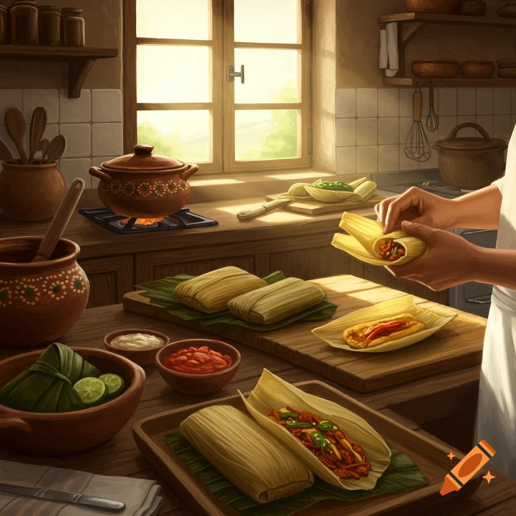 A chef's hands prepare tamales in a rustic kitchen with clay pots and wooden counters, bathed in warm morning light.