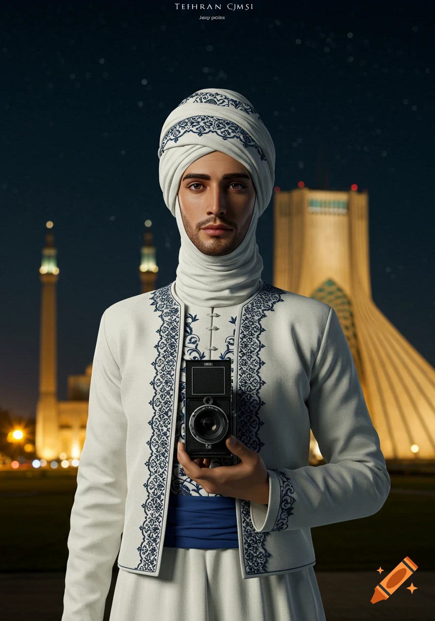 A man in white and blue traditional Persian attire holding a camera, with the Azadi Tower and a mosque in the background at night.
