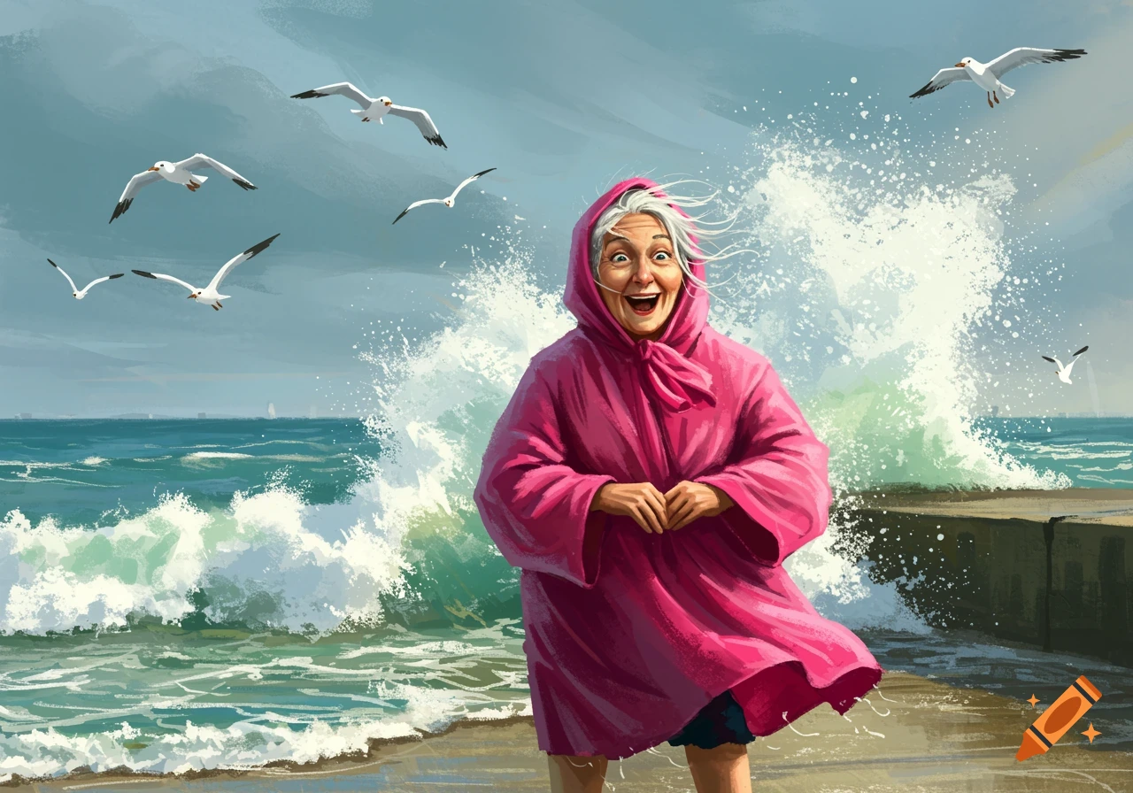 A joyful older woman in a pink poncho stands on a beach as waves crash behind her, with seagulls flying overhead.