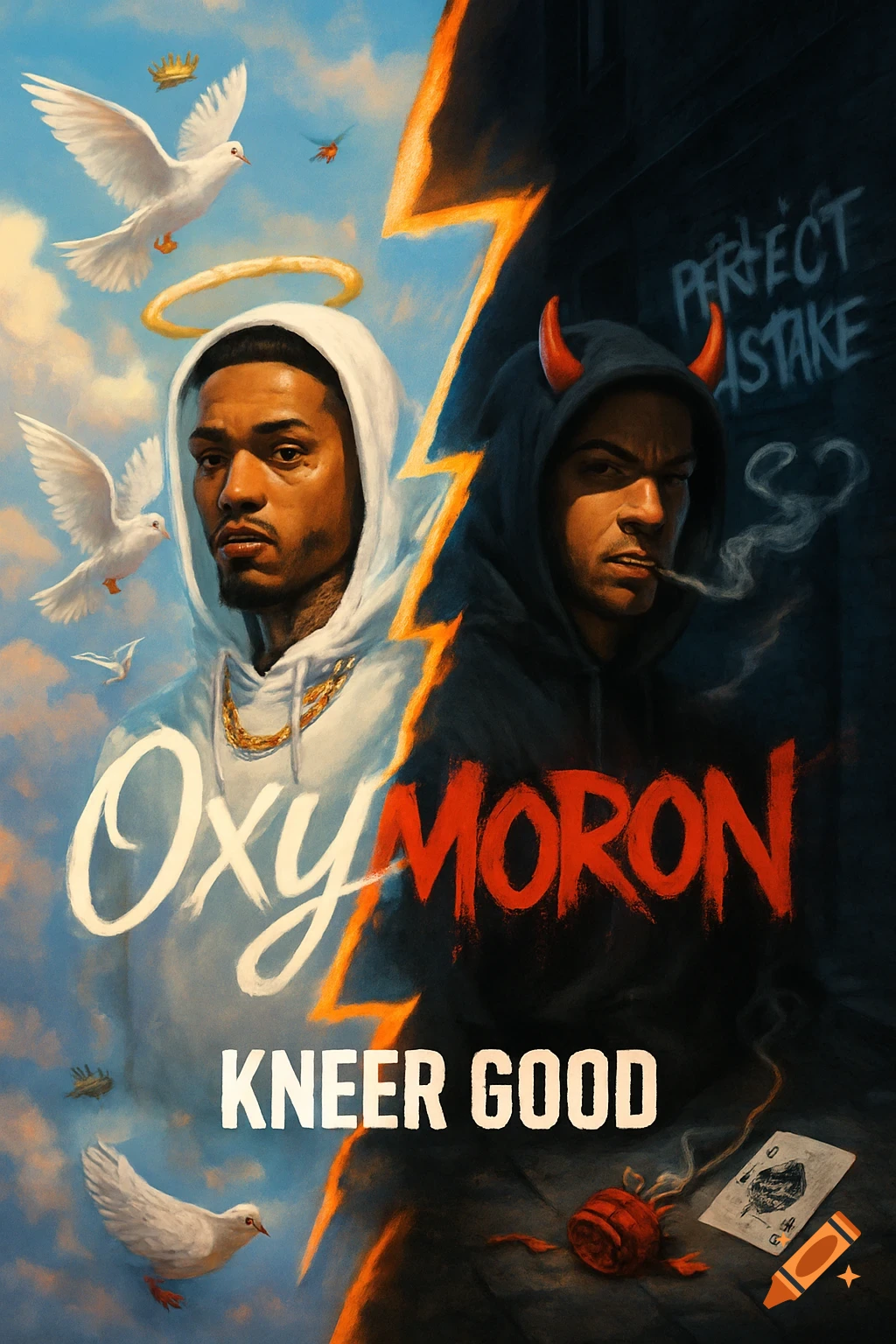 Two figures, one angelic in white with doves and a halo, one demonic in black with horns and a cigarette, split by a lightning bolt, forming an album cover titled "Oxymoron" by "Kneer Good."