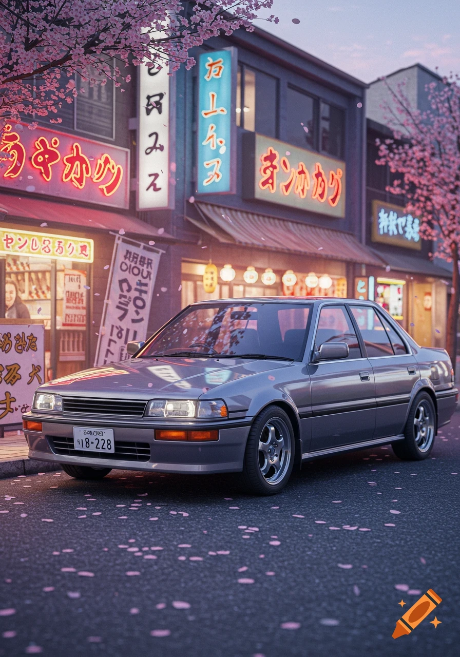 A photorealistic image of a grey 90s Japanese saloon car parked on a street with falling cherry blossoms and neon signs.