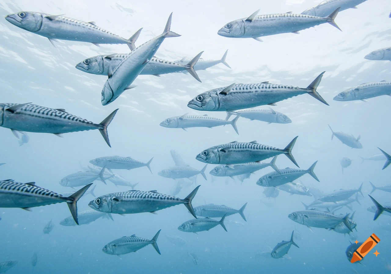A large school of mackerel fish swim through light blue water, with some closer to the camera and others in the background.