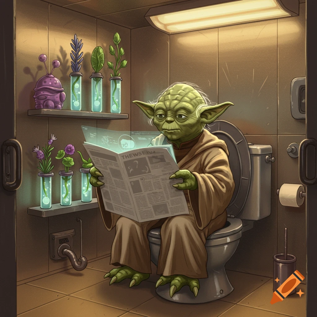 Yoda sits on a toilet in a bathroom with plants, reading a newspaper with a blank glowing screen above it.