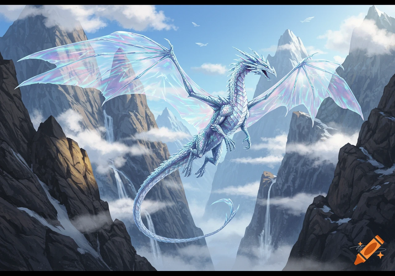 An iridescent crystal dragon with large wings soars through a mountainous landscape with waterfalls and clouds, in a vibrant fantasy illustration.