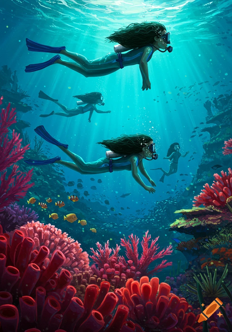 An animated illustration of several people scuba diving in a vibrant coral reef, surrounded by fish and light rays.