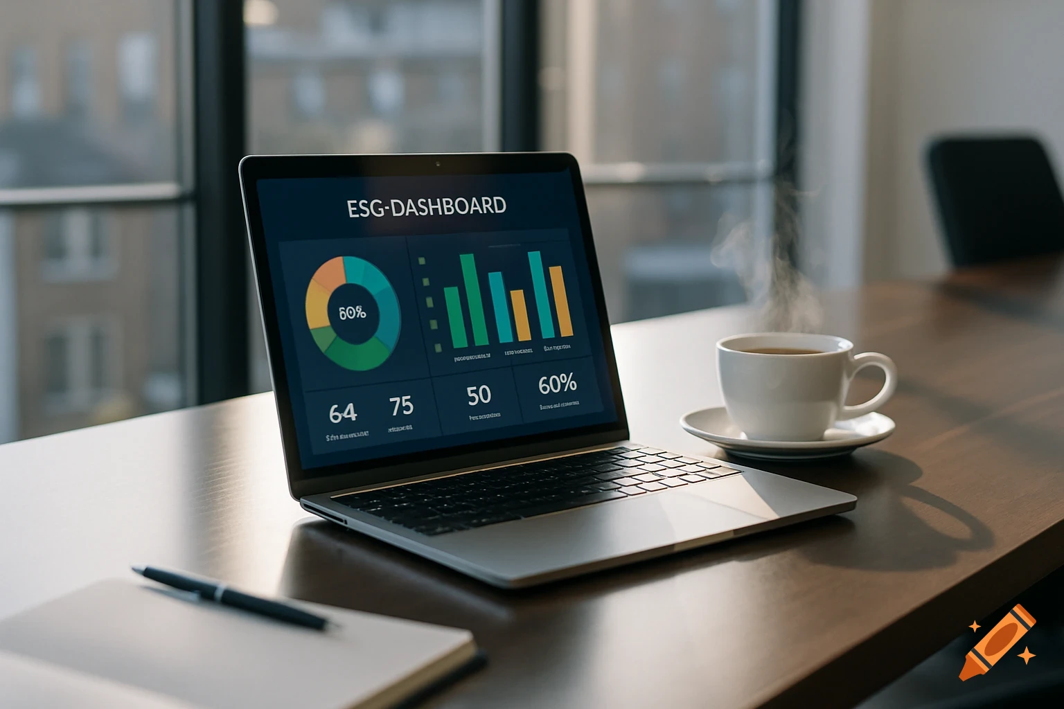 A professional office desk with a laptop displaying an ESG dashboard, a steaming cup of tea, and a notebook with a pen.