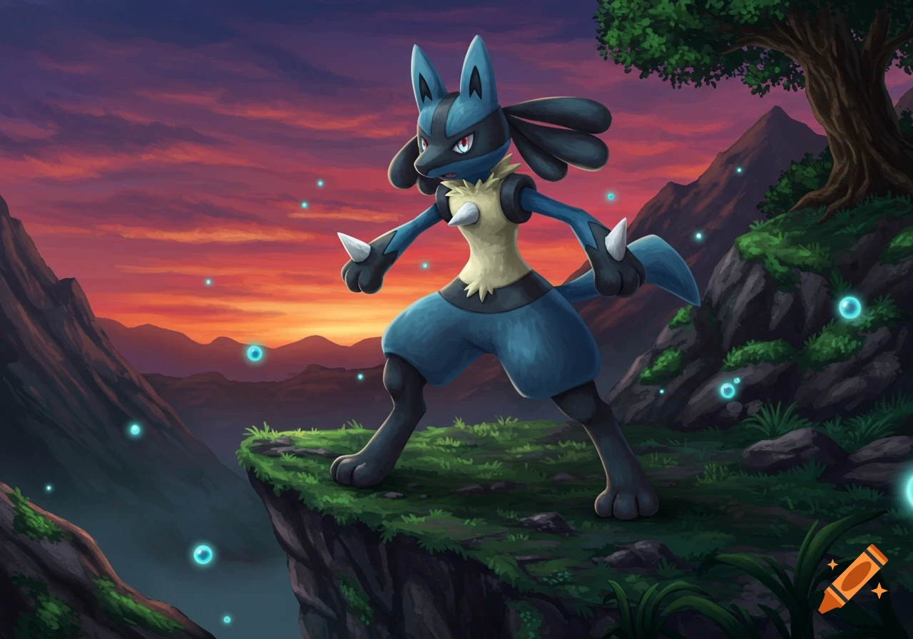 Lucario stands on a cliff overlooking a mountain range at sunset, with glowing blue orbs floating around.