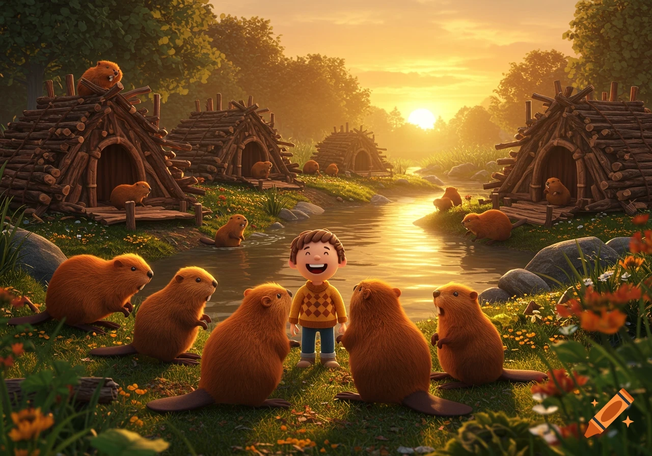 A smiling cartoon boy stands among several beavers by a river with log huts, bathed in the warm glow of a sunset forest.
