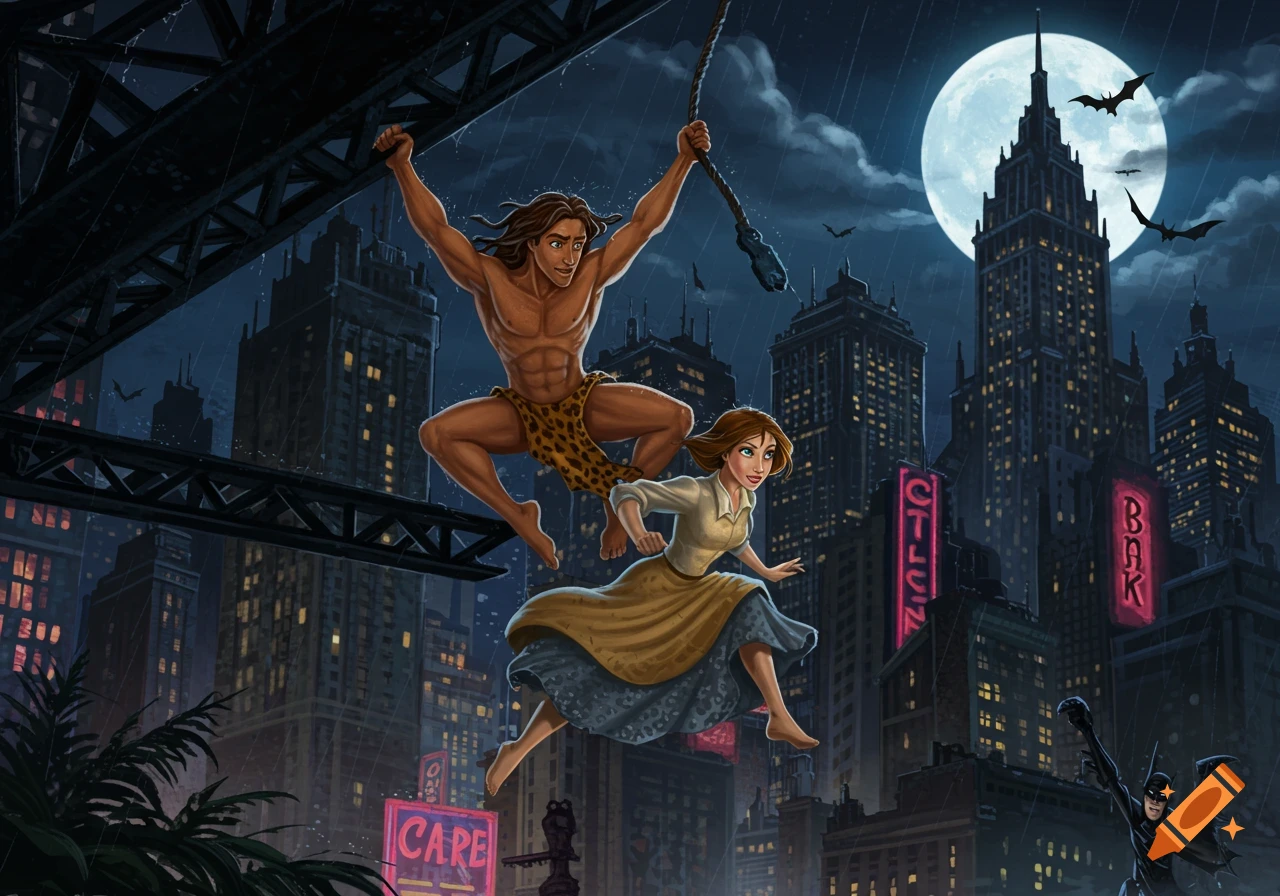 Disney-style Tarzan and Jane swing through a dark, rainy Gotham-like city at night with a full moon and bats.