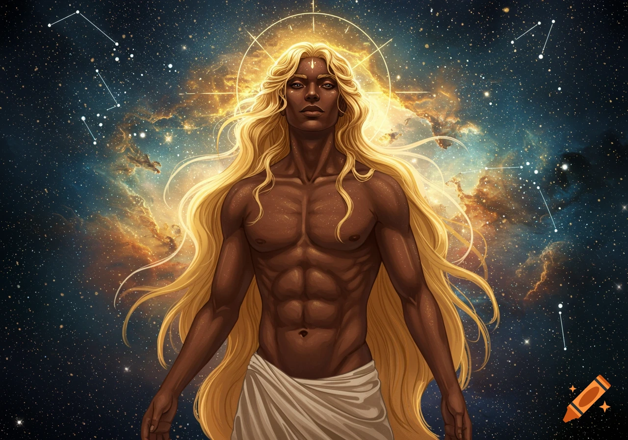 A dark-skinned god with long blonde hair and an athletic build, standing against a cosmic nebula with a golden halo.