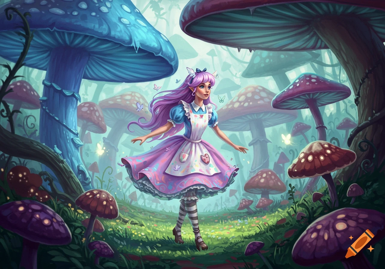 A character with purple hair in an Alice-style dress walks through a fantastical forest with giant colorful mushrooms and glowing butterflies.