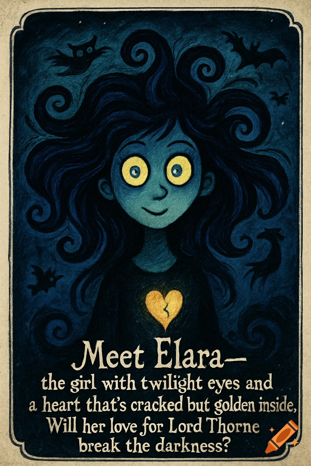 A whimsical, shadowy illustration of a girl with glowing yellow eyes and dark curly hair, holding a cracked golden heart. Text reads: Meet Elara.