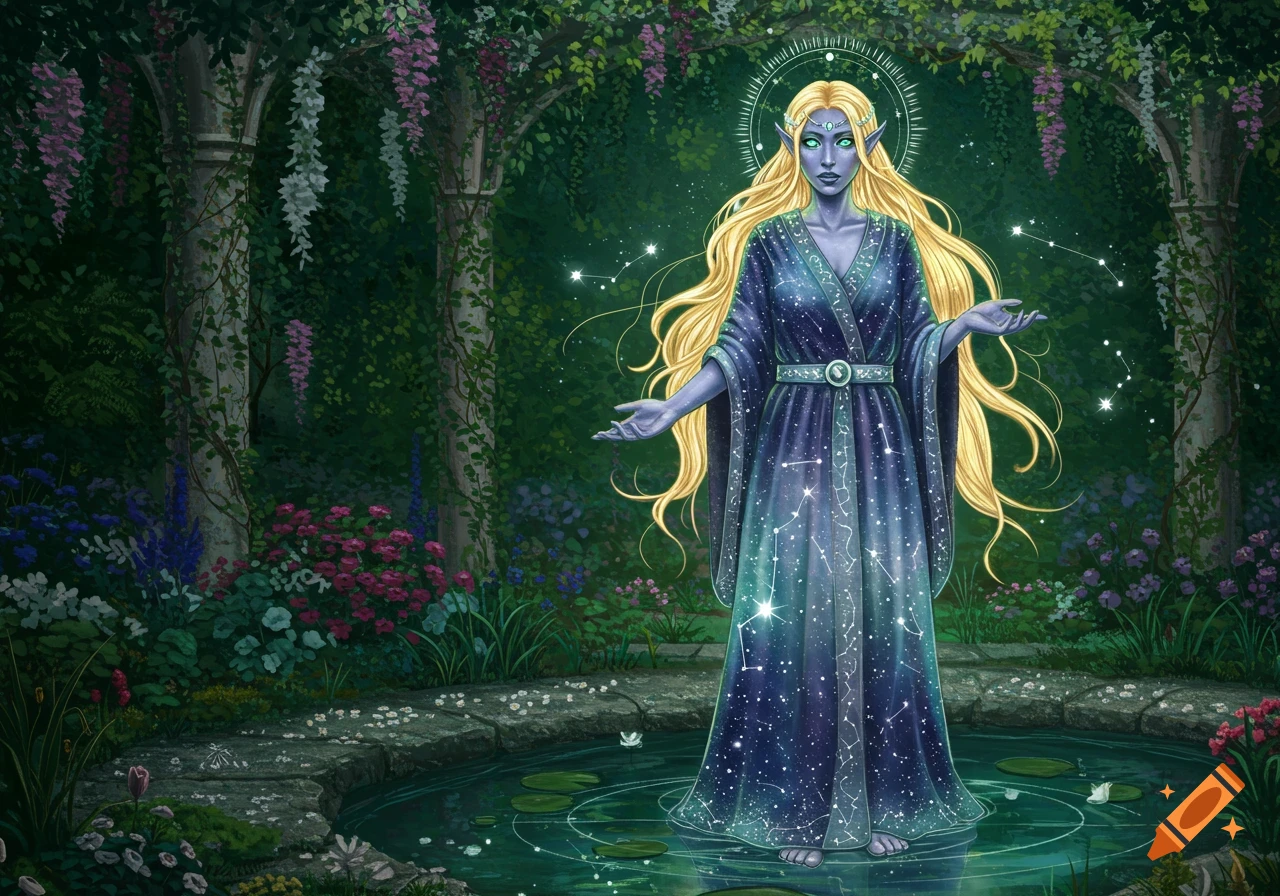 Fantasy illustration of a purple-skinned woman with blonde hair in a star-patterned robe standing by a glowing pond in a magical forest.