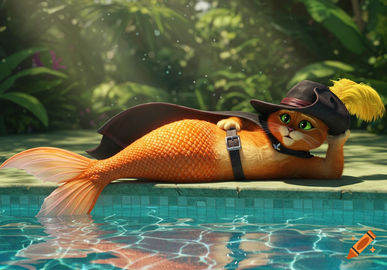 Puss in Boots as a mermaid with an orange tail, wearing his hat and cape, relaxing by a swimming pool.