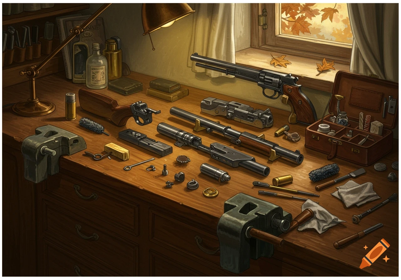 A detailed illustration of a wooden workbench with disassembled firearms, cleaning tools, and a lit desk lamp, with autumn leaves visible outside a window.
