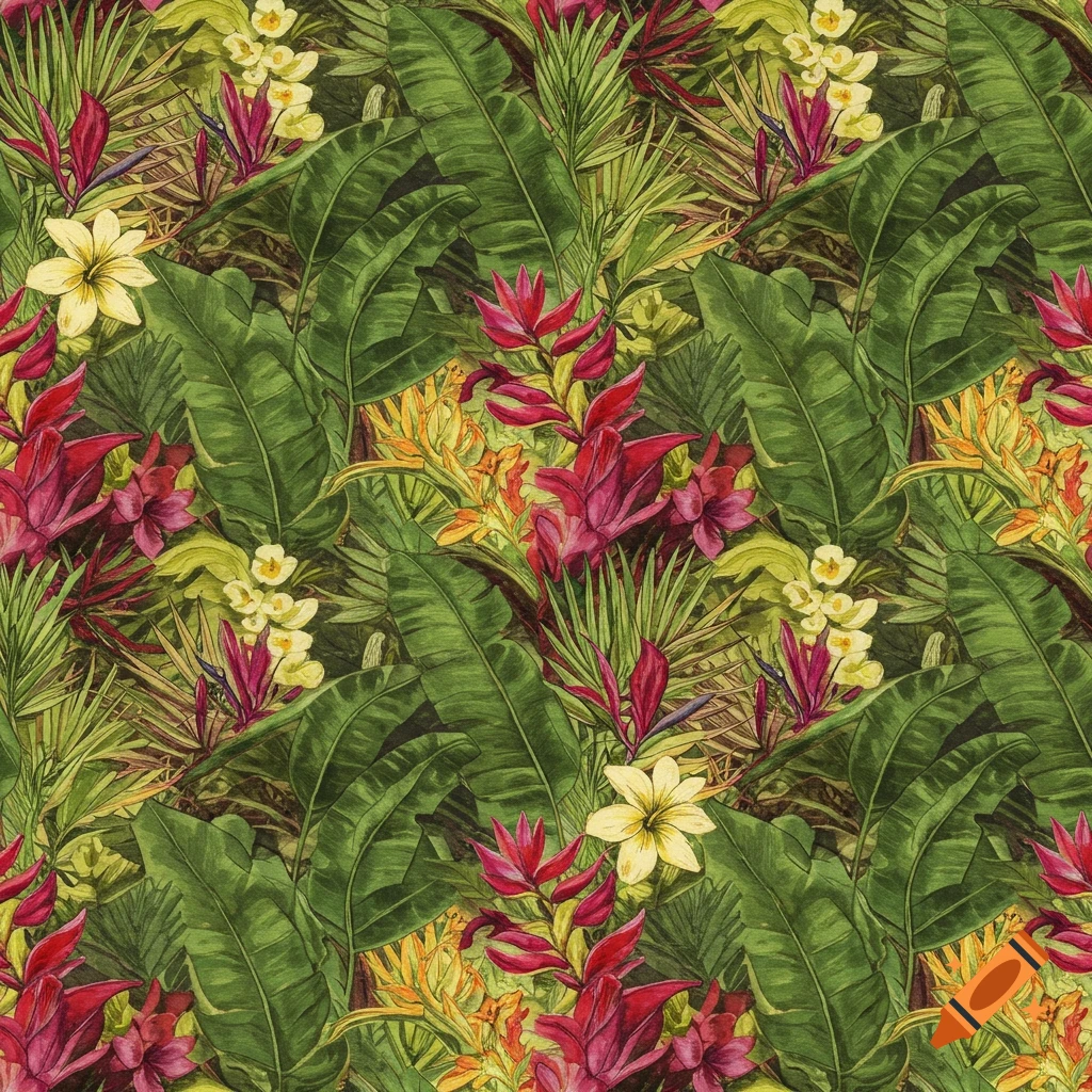 A vibrant seamless pattern of tropical banana leaves, palm fronds, and colorful red, yellow, and white flowers.