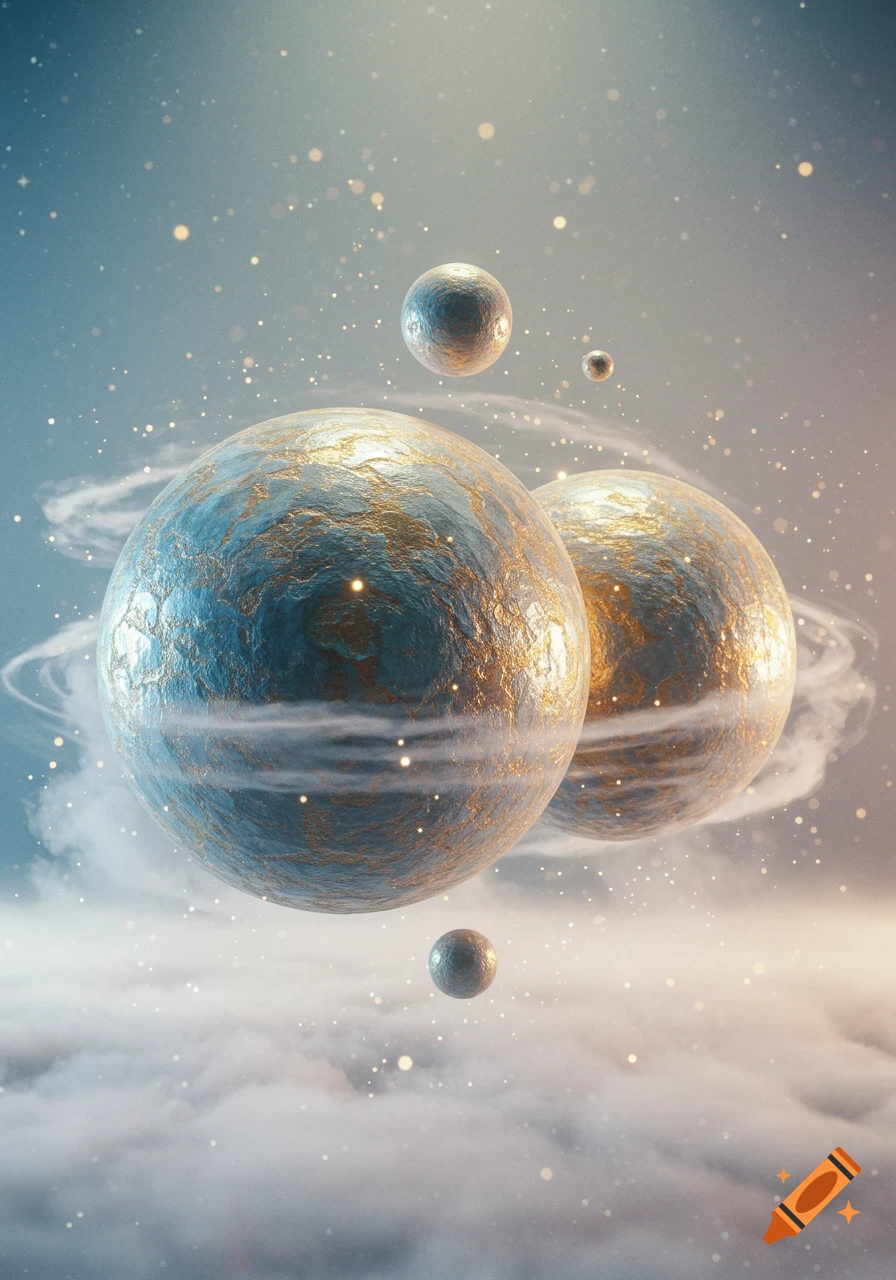 Abstract image of multiple spheres resembling planets with blue and gold textures, floating in a starry, cloud-filled space.