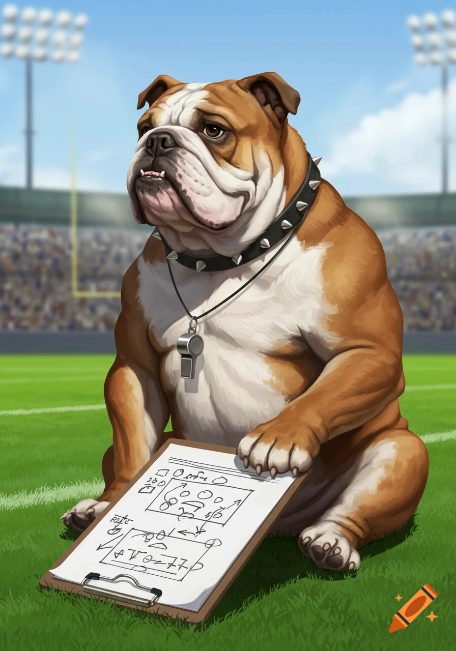 A cartoon bulldog wearing a spiked collar and whistle sits on a football field, holding a clipboard with a play diagram.