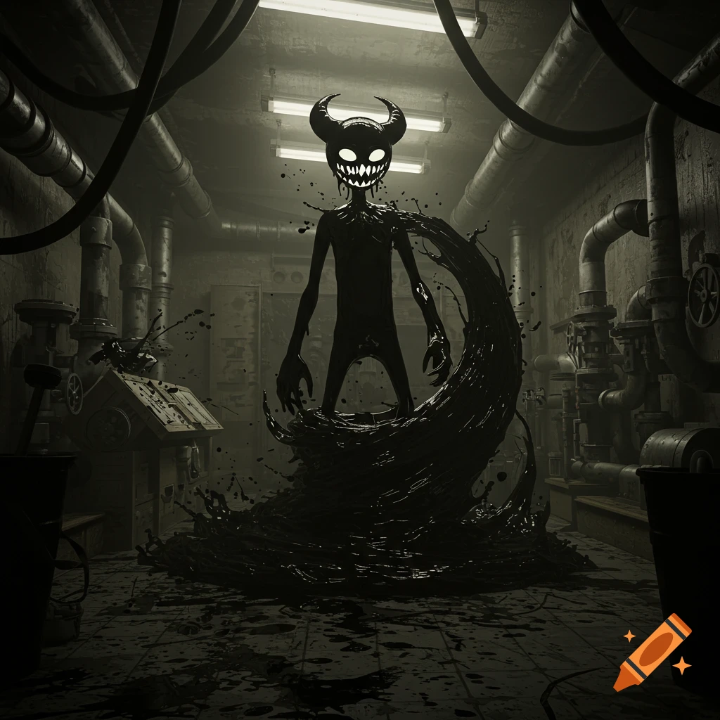 A dark, ink demon with glowing eyes and horns stands in a messy, pipe-filled workshop, ink splattered everywhere. Stylized horror art.