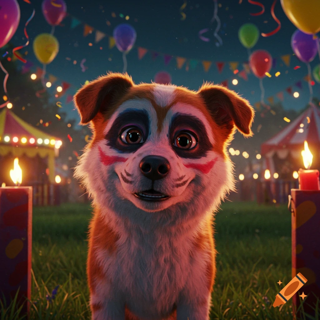 A photorealistic dog with clown makeup smiles at a festive night carnival with balloons, flags, and glowing candles.