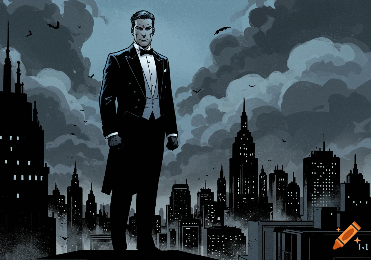 A man in a tuxedo stands on a dark city rooftop with bats flying in a cloudy sky, in a comic book art style.