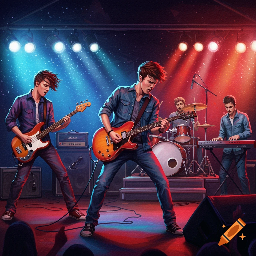Four men playing an electric guitar, bass, drums, and keyboard on a brightly lit stage during a concert, in an illustrative style.
