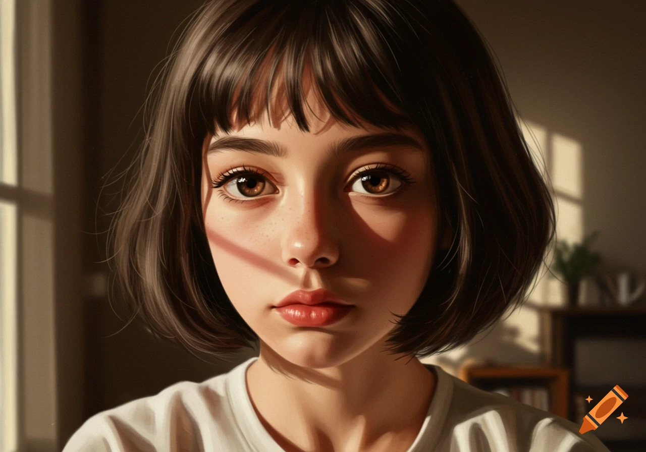 Digital painting of a young girl with short brown hair and brown eyes, illuminated by warm sunlight casting window shadows.