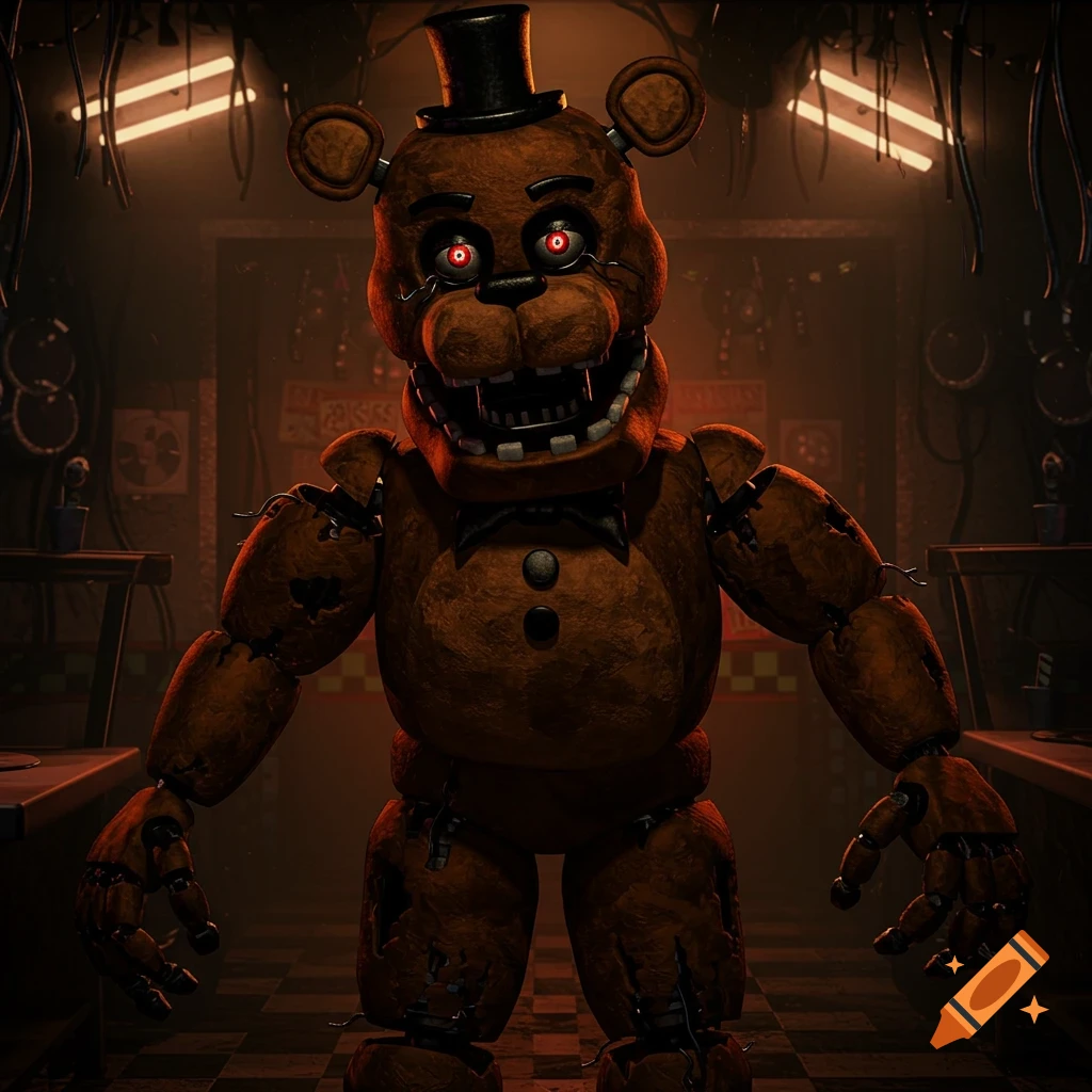 A menacing brown animatronic bear with red eyes and a top hat stands in a dark, wires-filled room.