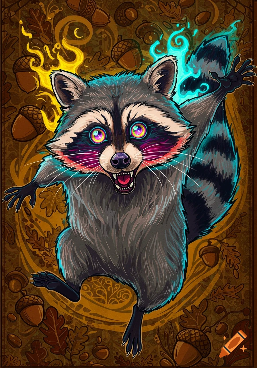 A vibrant, neotraditional illustration of a raccoon with glowing multicolored eyes and an energetic pose, surrounded by acorns and leaves.